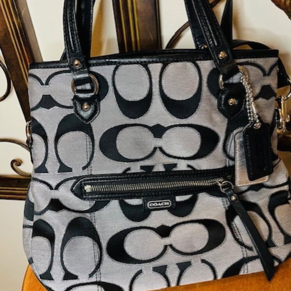 Coach Signature Handbag Black Gray Leather Accents Good Condition